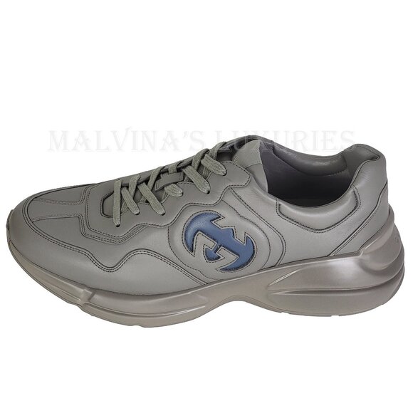GUCCI SNEAKERS MENS RHYTON SHOES GREY INTERLOCKING LOGO LEATHER - Picture 5 of 15